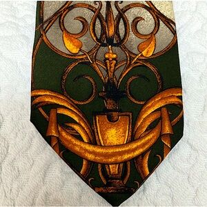 Gianfranco Ferre SILK tie, made in Italy, gold & green baroque style, vintage